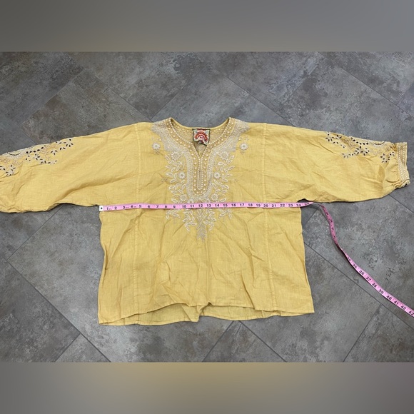 JOHNNY WAS EMBROIDERED EYELET YELLOW LINEN 100% WOMAN TUNIC SIZE US L - Picture 2 of 5